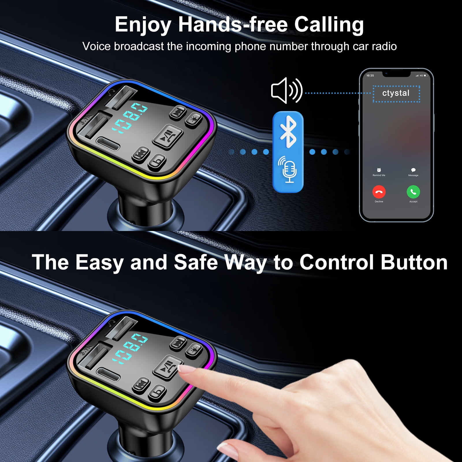Auto-Gadget mit Knöpfen und Bildschirm, der eine Telefonanrufschnittstelle zeigt, und ein Telefon.