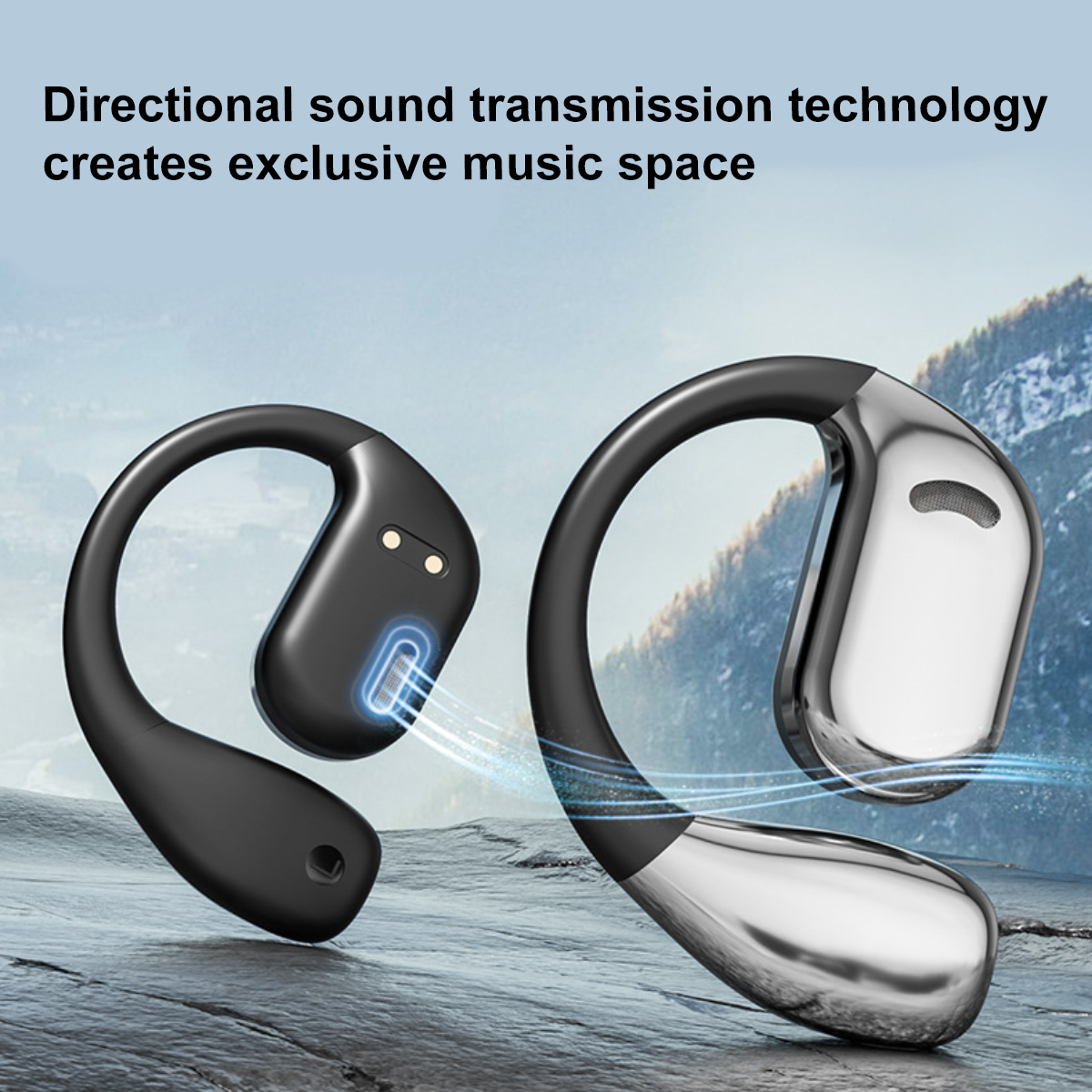 Zwei kabellose Kopfhörer, einer schwarz und einer silber, mit Bergkulisse und Text über Direktional-Sound-Technologie.