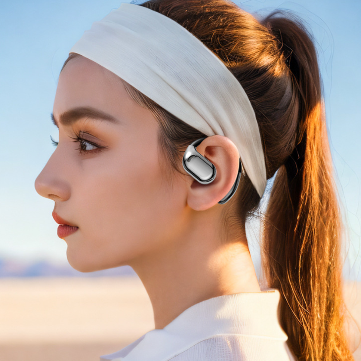Eine Frau mit weißem Stirnband und Headset. Sie schaut nach links. Der Hintergrund zeigt blauen Himmel und Wüste.