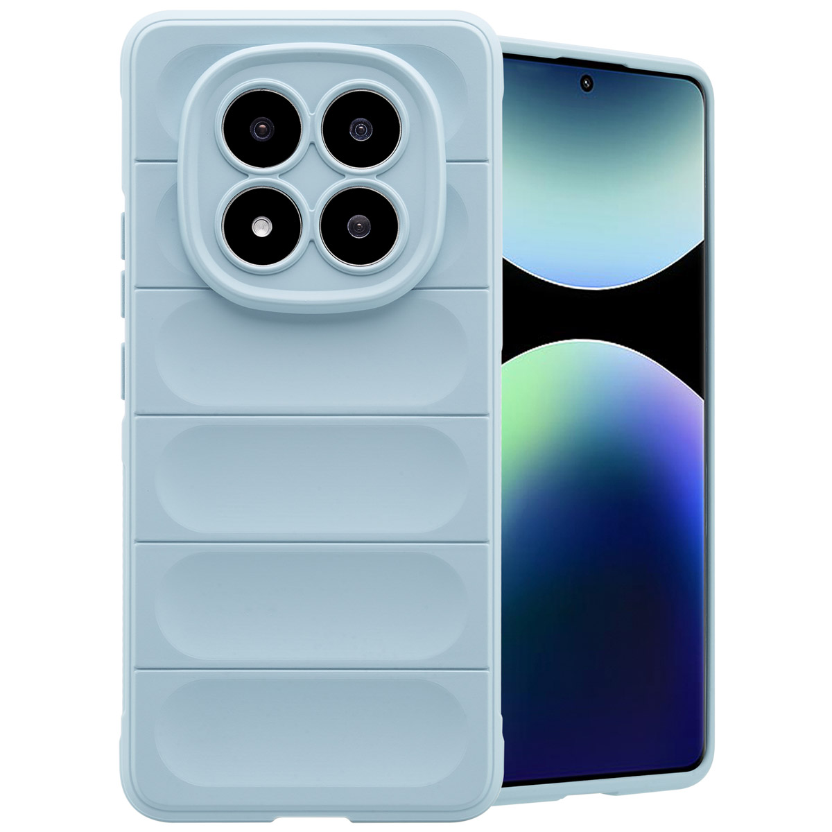 Lichtblauw telefoonhoesje met horizontale ribbels en vier cameralenzen.