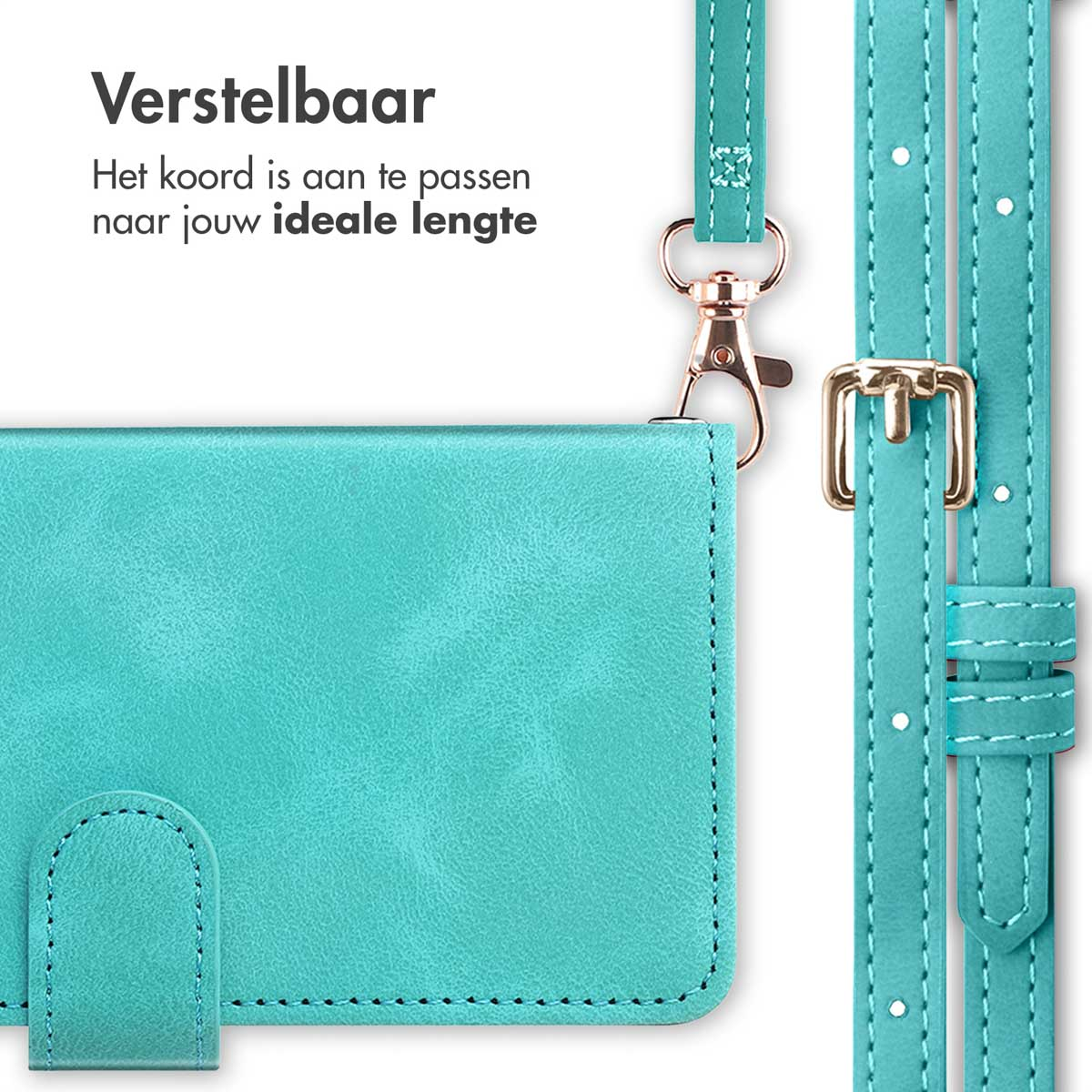 Turquoise telefoonhoes met een bandje. Tekst: Verstelbaar. Verstelbaar koord voor ideale lengte. Goudkleurige sluiting.