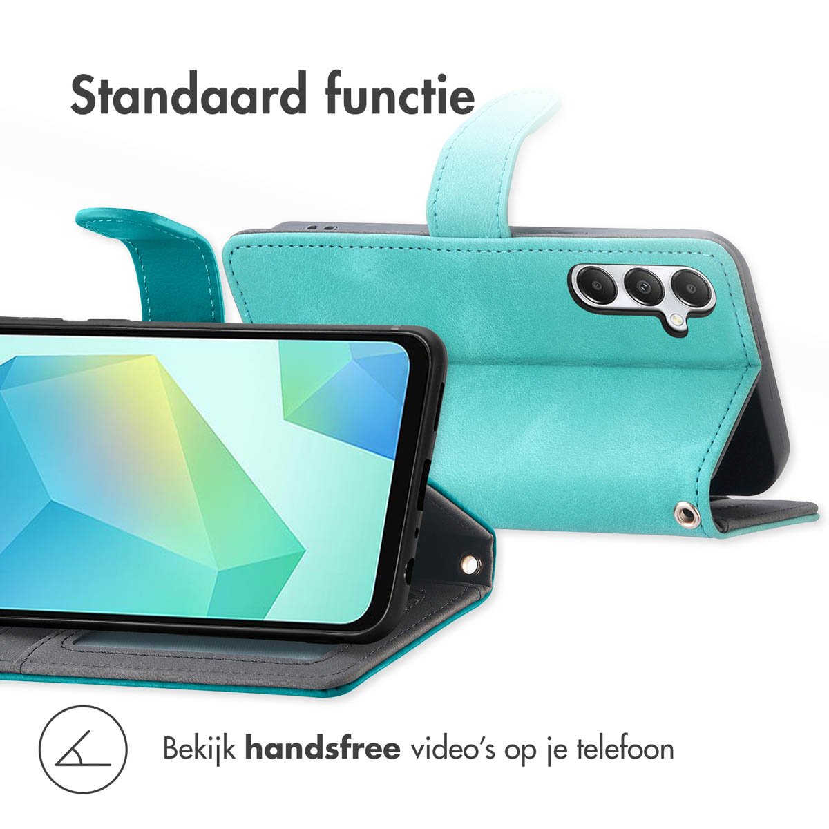 Een telefoon in een blauwgroene hoes, opengevouwen. Een andere blauwgroene hoes erachter, op een wit oppervlak.