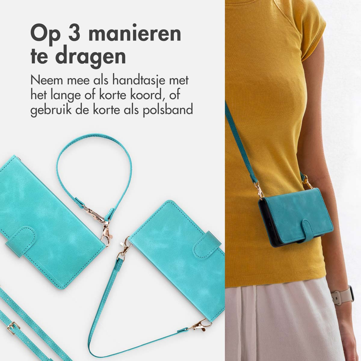 Vrouw met turquoise telefoonhoesje. Toont telefoonhoesje met riem. Meerdere hoesjes getoond.