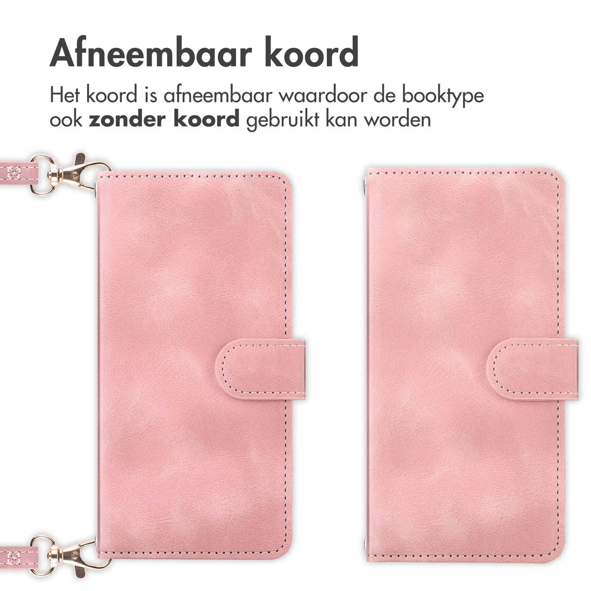 Coque de téléphone rose avec cordon amovible. Le cordon est détachable.