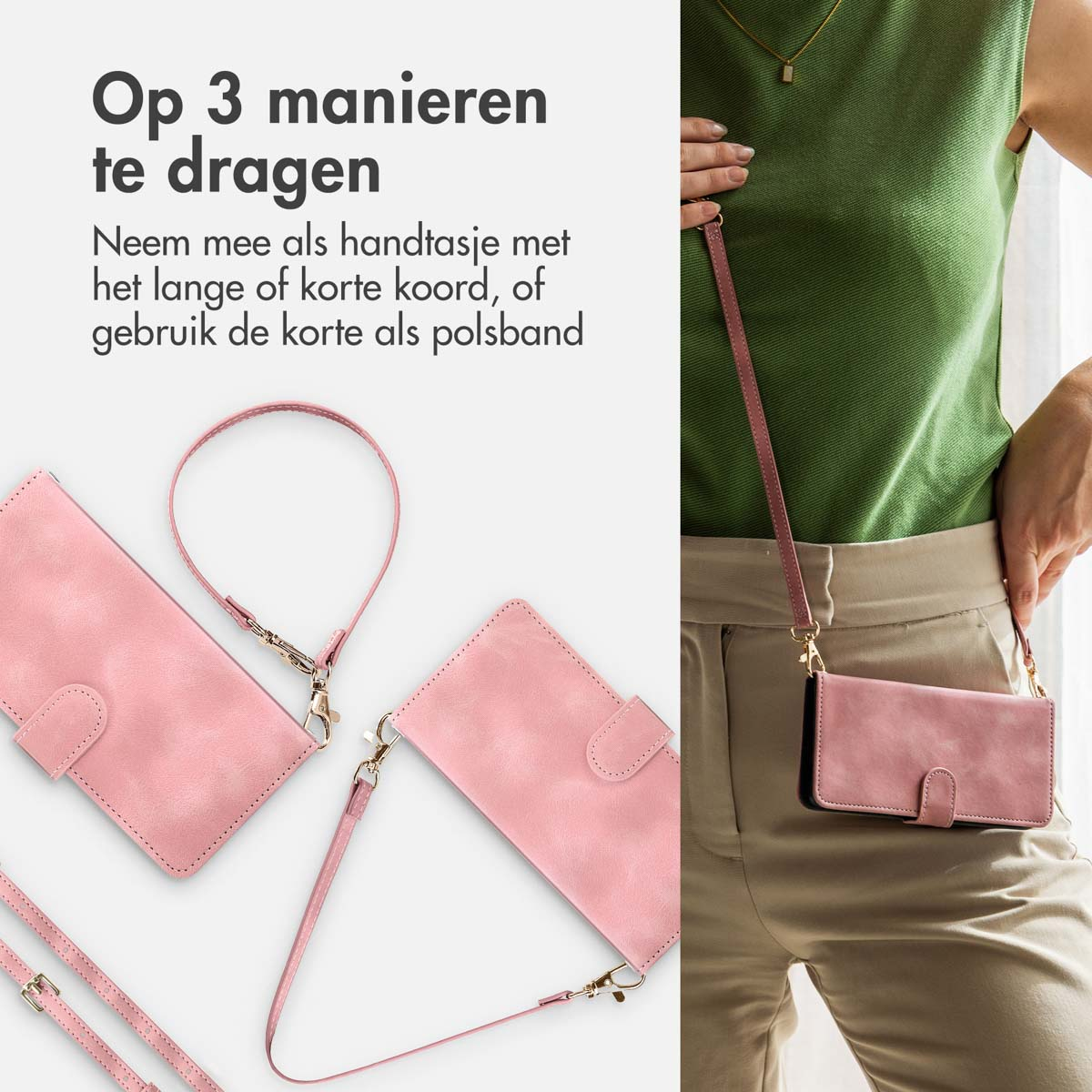 Femme tenant un étui de téléphone rose avec une bandoulière. Deux autres étuis et sangles sont visibles.