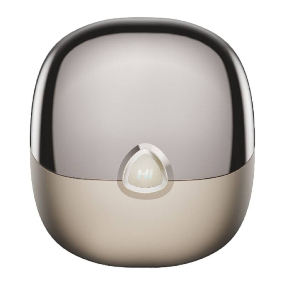 Metallisches, eiförmiges Gerät mit dem Wort „Hi“ auf der Vorderseite. Es hat ein Silber- und Gold-Finish.