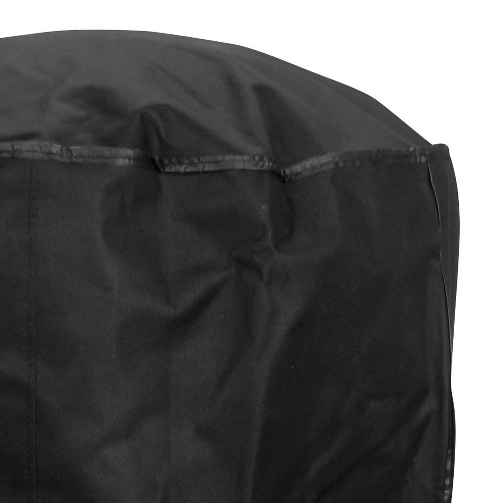 Close up of a black, fabric cover, possibly for an appliance, with a stitched seam on the top.