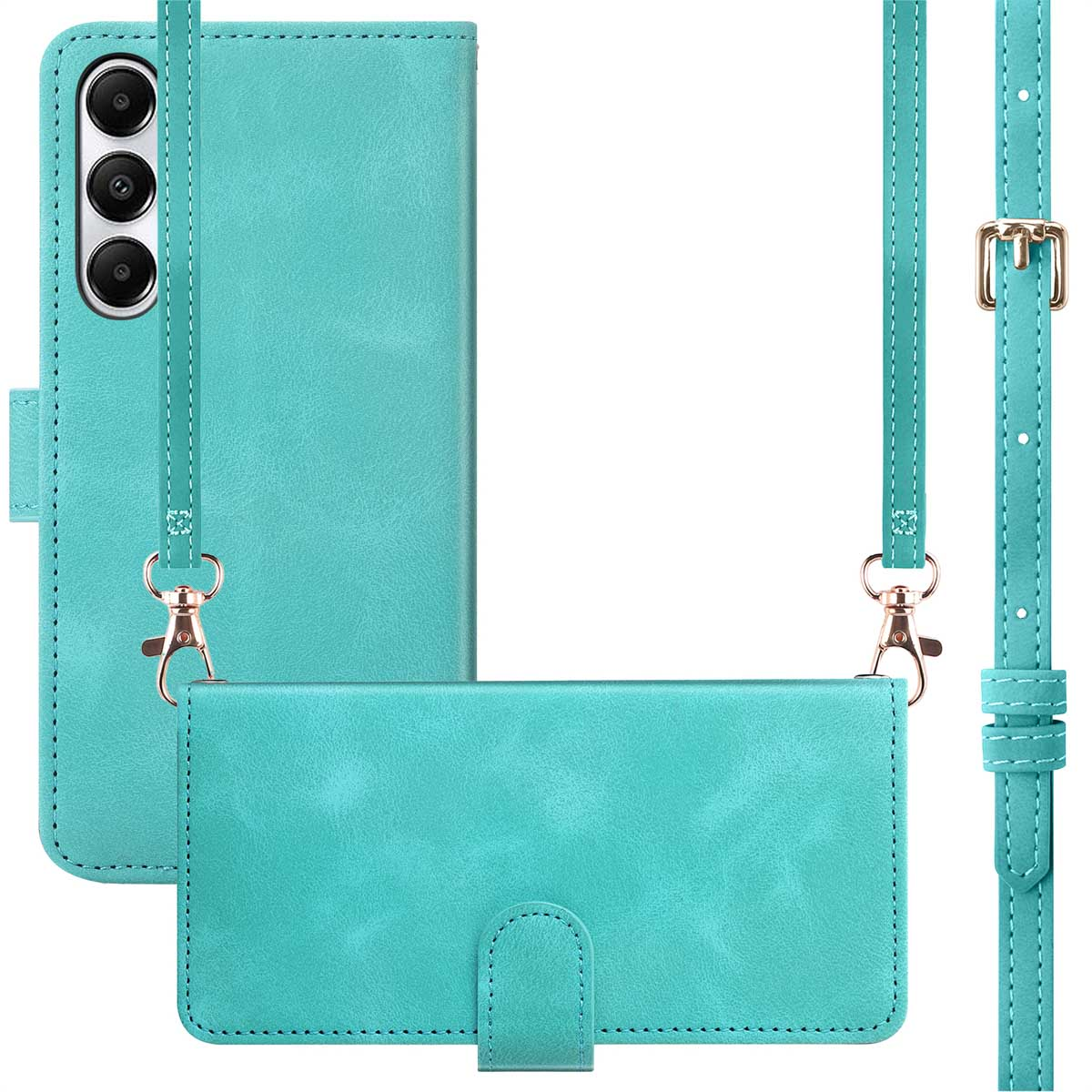 Turquoise leren telefoonhoesje met een riem. Inclusief kaartsleuven en een telefoon.