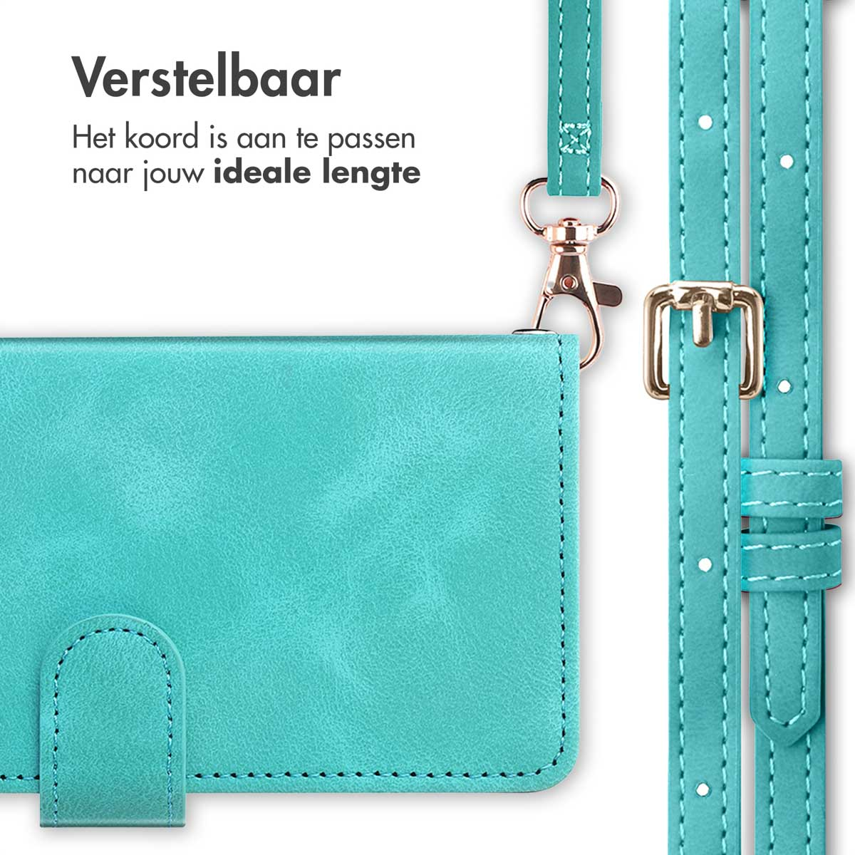 Close-up van een turquoise telefoonhoes en een bijpassende riem met gouden hardware. Gesp is verstelbaar.
