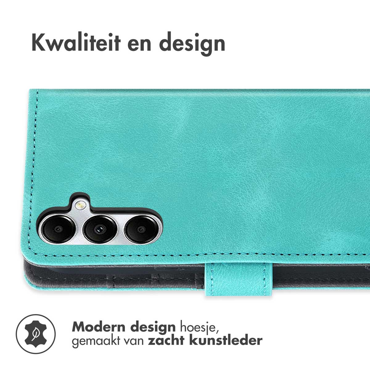 Blauwe telefoonhoes met de telefoon erin. De hoes heeft een magnetische flap. De hoes is van leer.