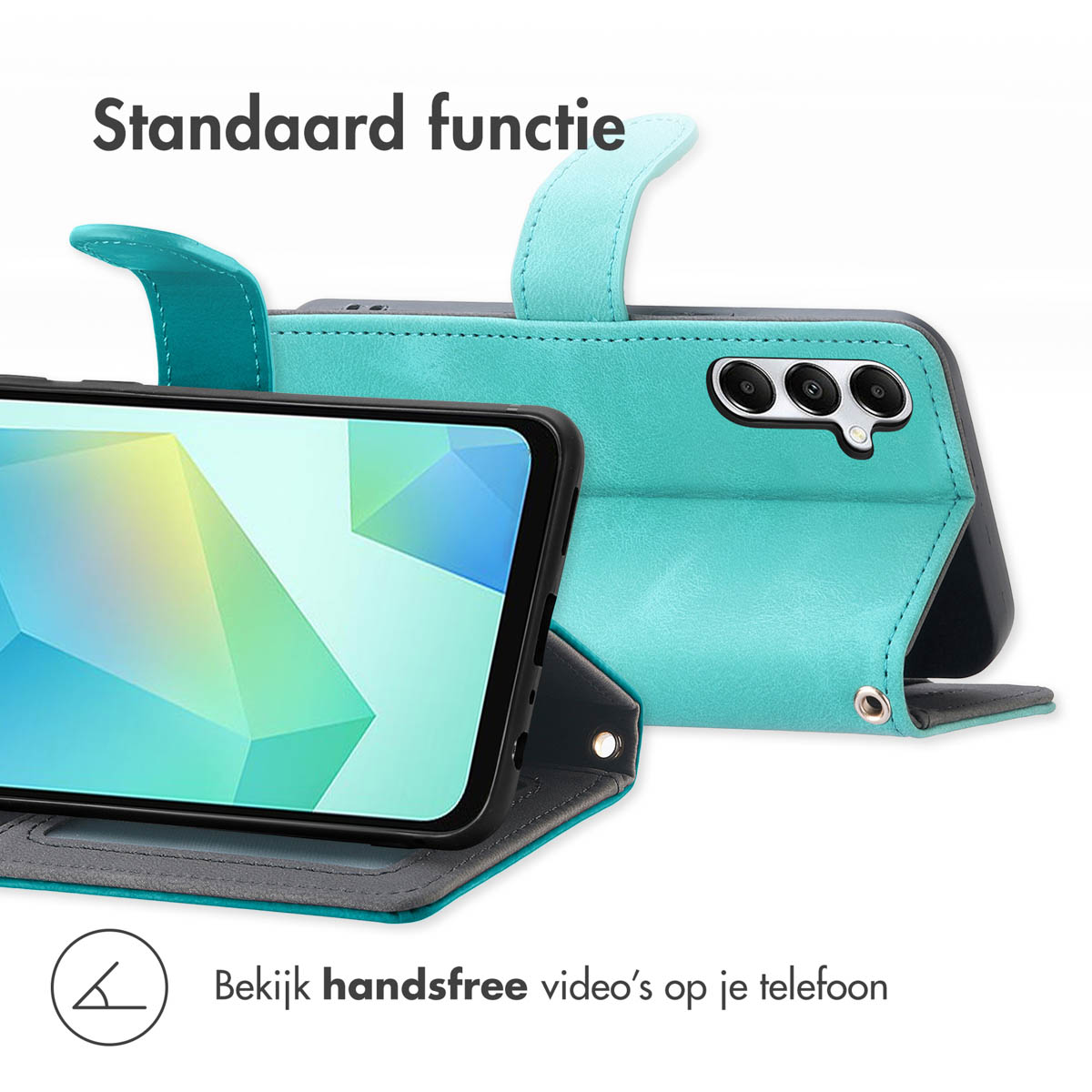 Blauwgroene telefoonhoes opgevouwen om de telefoon rechtop te tonen, met tekst in het Nederlands, handsfree videobewerking.
