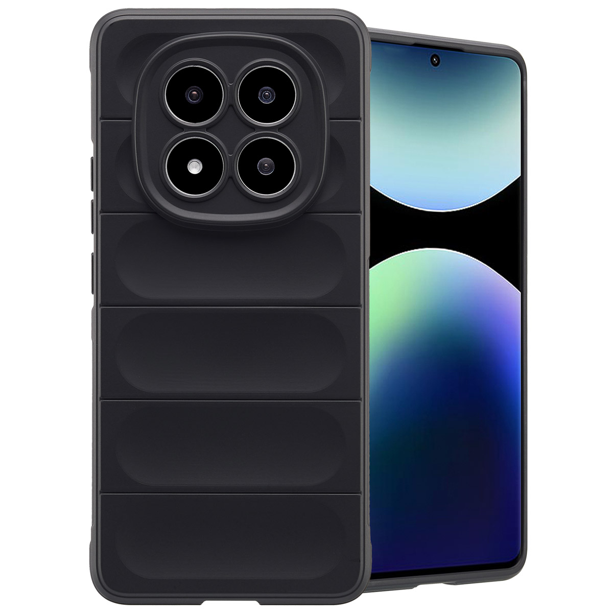 Een zwarte telefoonhoes wordt getoond met een telefoon. De hoes heeft een gestructureerd ontwerp en bedekt de camera van de telefoon.