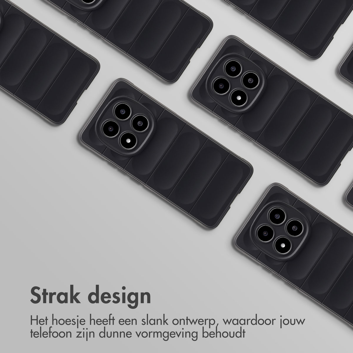 Meerdere zwarte telefoonhoesjes met een strak ontwerp zijn in een patroon op een lichte achtergrond geplaatst.