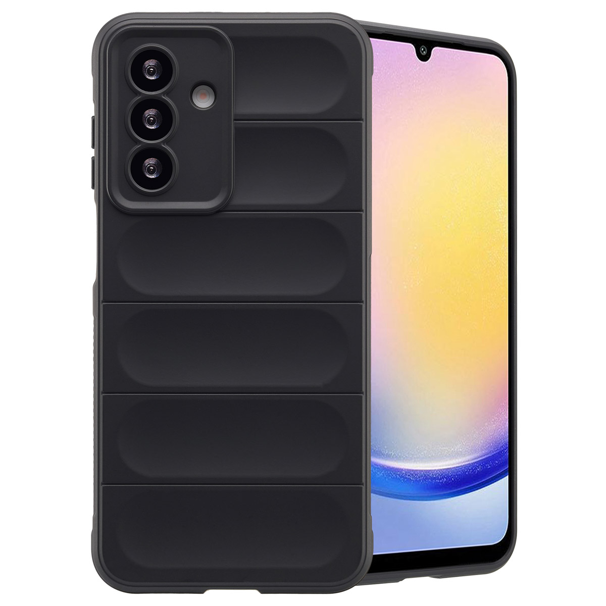 Étui de téléphone noir avec rayures horizontales. Montrant les découpes de l'appareil photo. Téléphone dans l'étui.