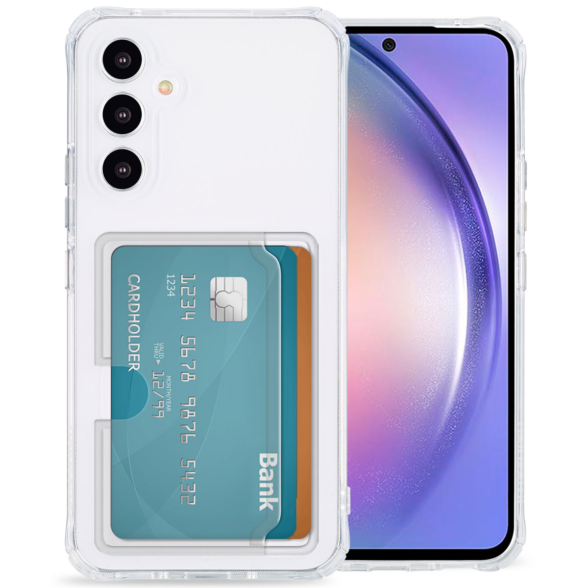 Un étui de téléphone transparent avec un porte-cartes et un téléphone. L'étui contient des cartes et affiche l'écran du téléphone.