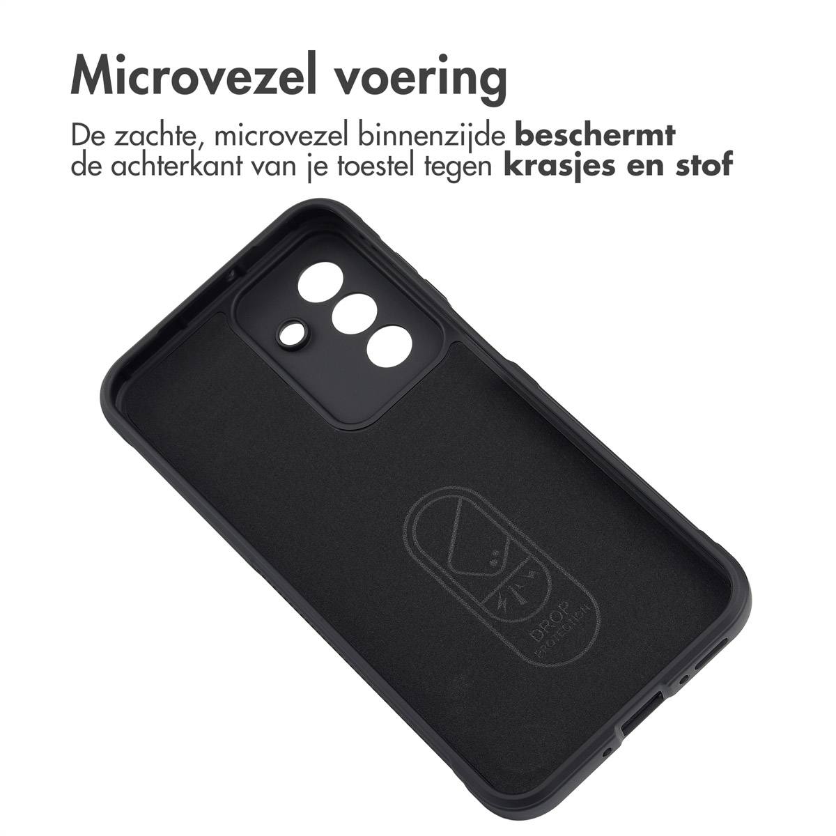Intérieur de coque de téléphone noir avec doublure douce et logo. Texte : Drop Protection.