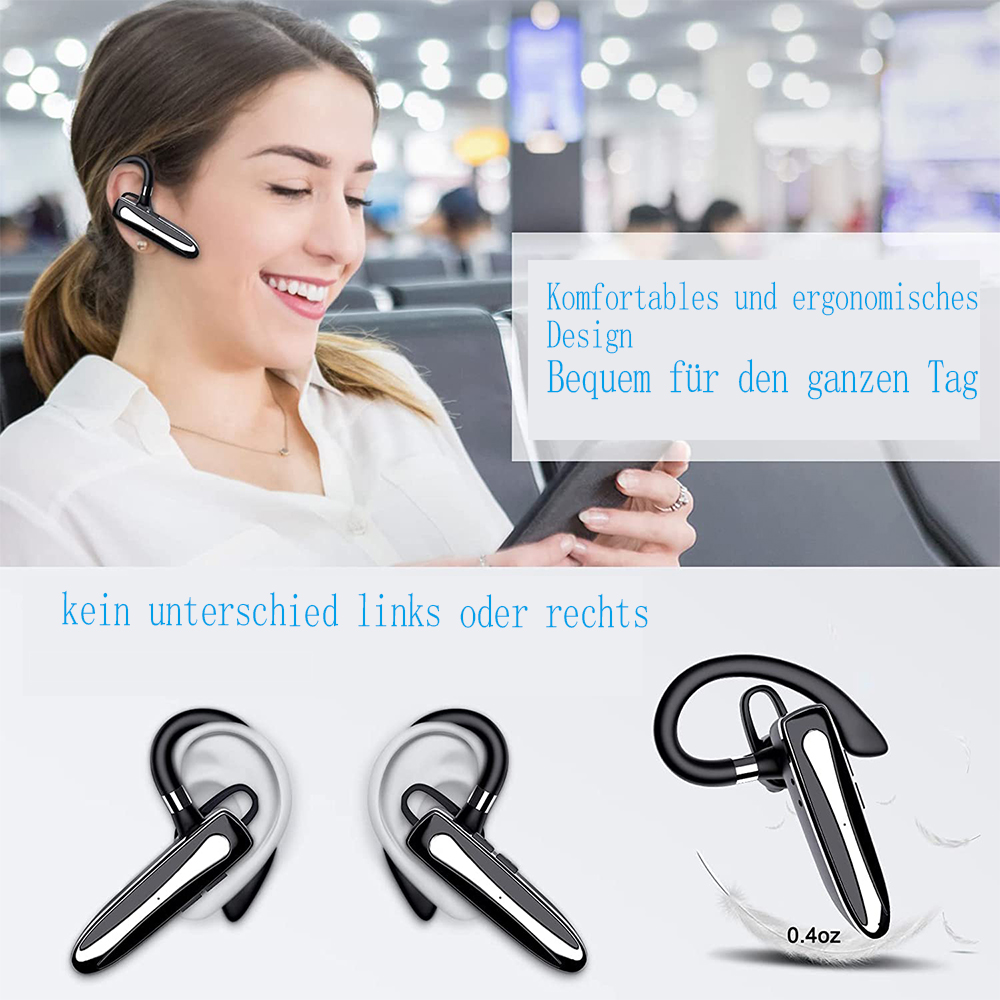 Eine Frau lächelt und trägt ein Headset. Es gibt Bilder von Headsets und Text auf Deutsch.