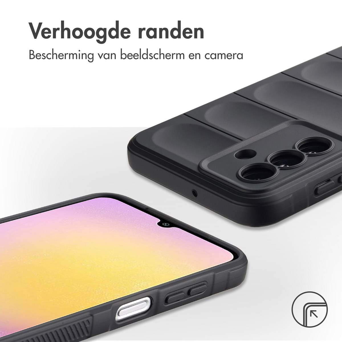 Gros plan sur un étui de téléphone noir avec des bords surélevés. L'étui a un écran de téléphone.