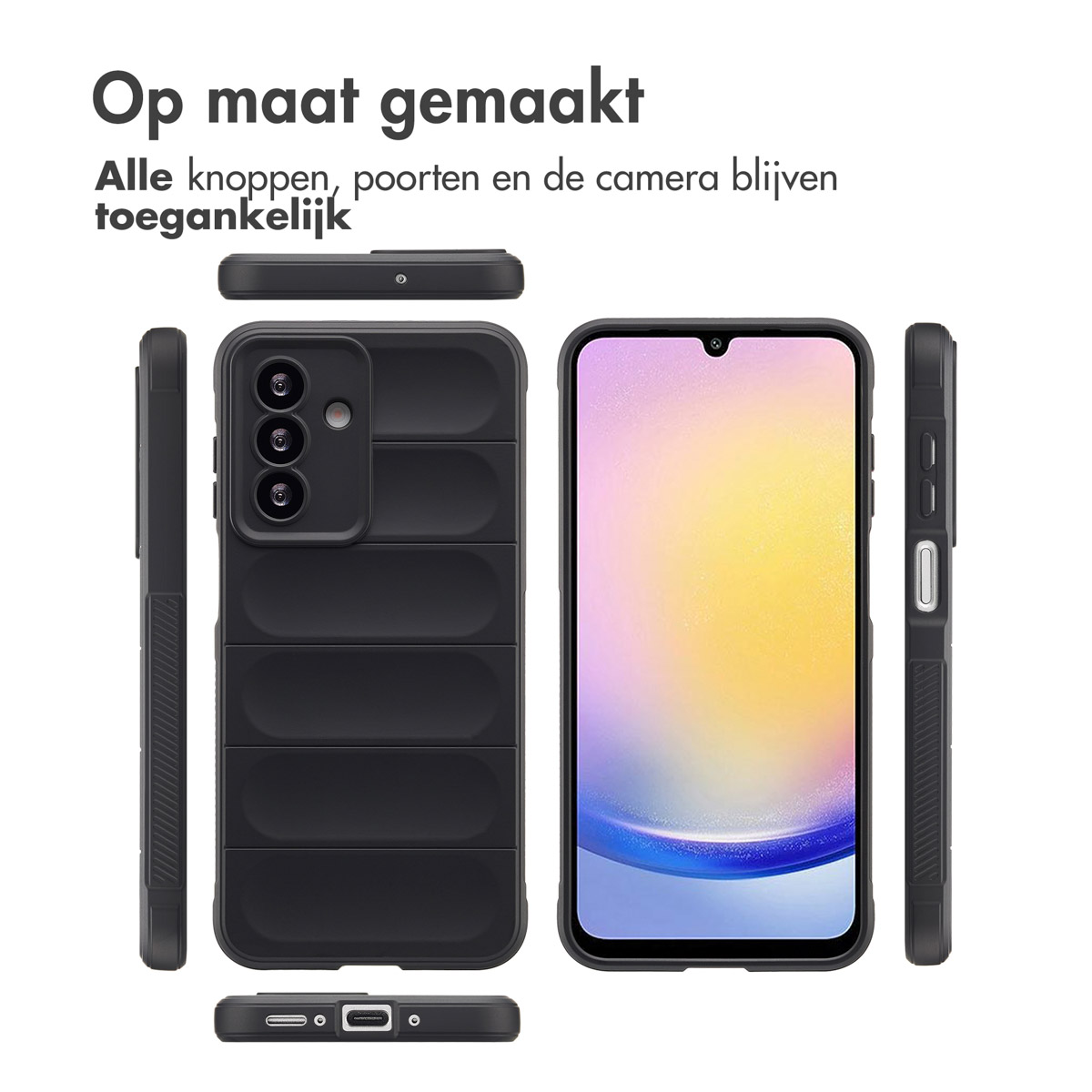 Coque de téléphone noire avec le téléphone à l'intérieur, avec plusieurs vues de la coque. Les boutons et les découpes de la caméra sont visibles.