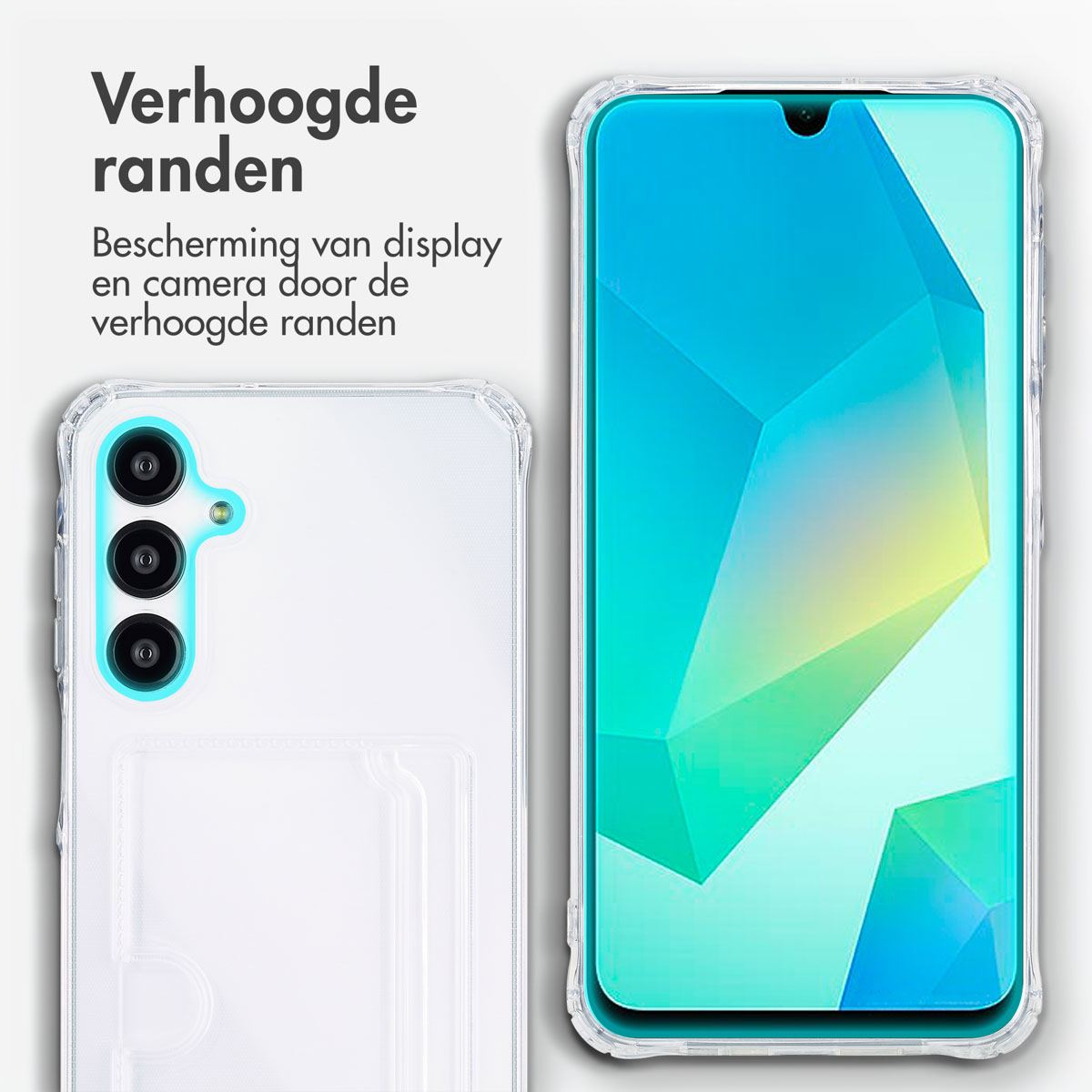 Téléphone dans un étui transparent. Texte: Verhoogde randen. Protection écran et caméra avec bords relevés.