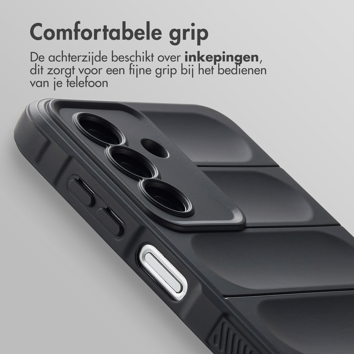 Coque de téléphone noire texturée. Montre boutons et caméra. Texte: Prise en main confortable.