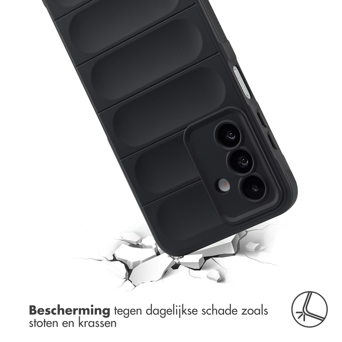 Coque de téléphone noire texturée sur surface blanche craquelée.