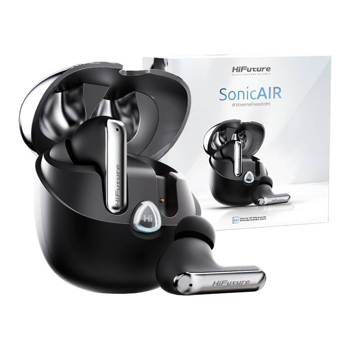 Schwarze HiFuture SonicAir Ohrhörer, Ladecase und Box vor weißem Hintergrund.
