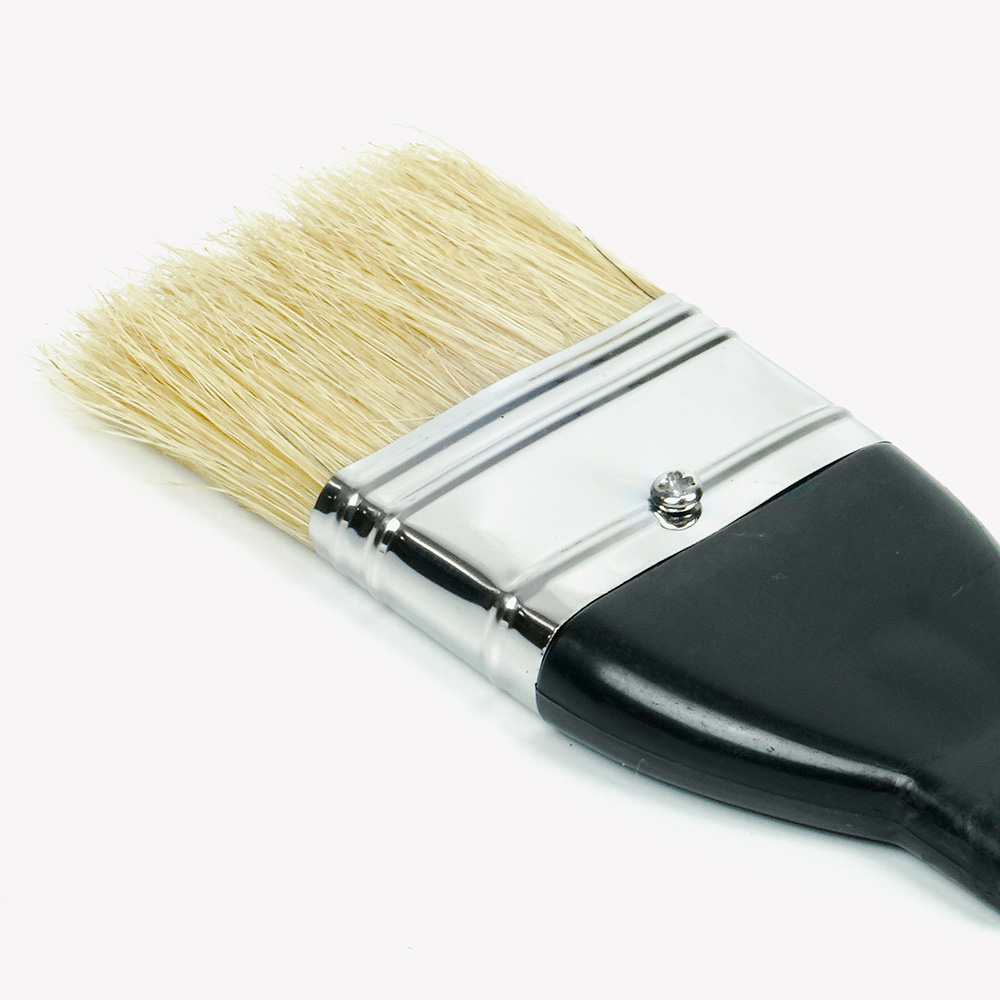 A paint brush with a black handle and silver ferrule. The bristles are a light, natural color.