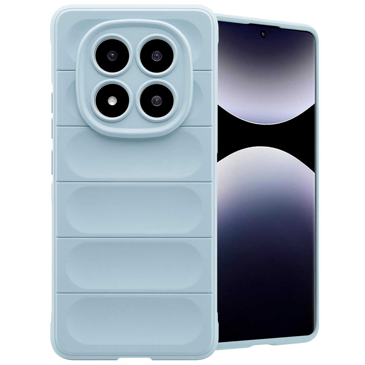 Een lichtblauw telefoonhoesje wordt getoond met een telefoon. De hoes heeft een gestructureerd ontwerp en bedekt de camera van de telefoon.