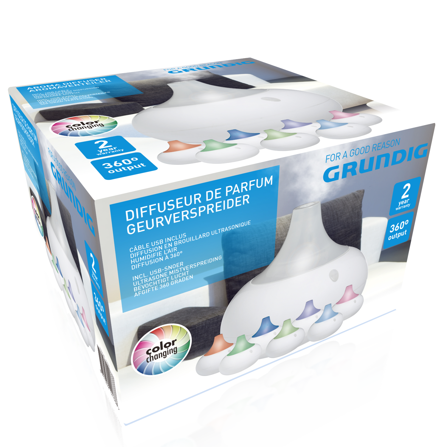 White humidifier box with a diffuser. The box has text and images on it.
