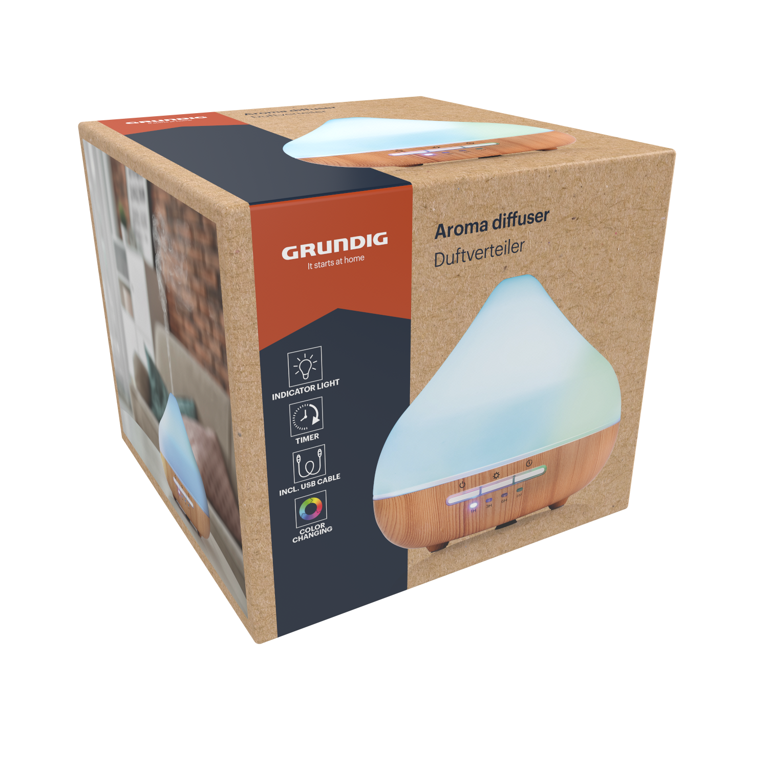 Box with an aroma diffuser inside. The box has text and images describing the product.