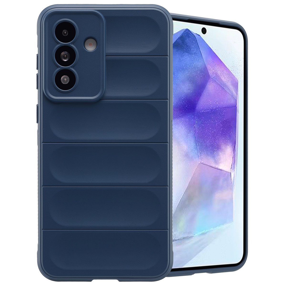 Marineblauwe telefoonhoes met een uniek ontwerp, telefoon aan de rechterkant.