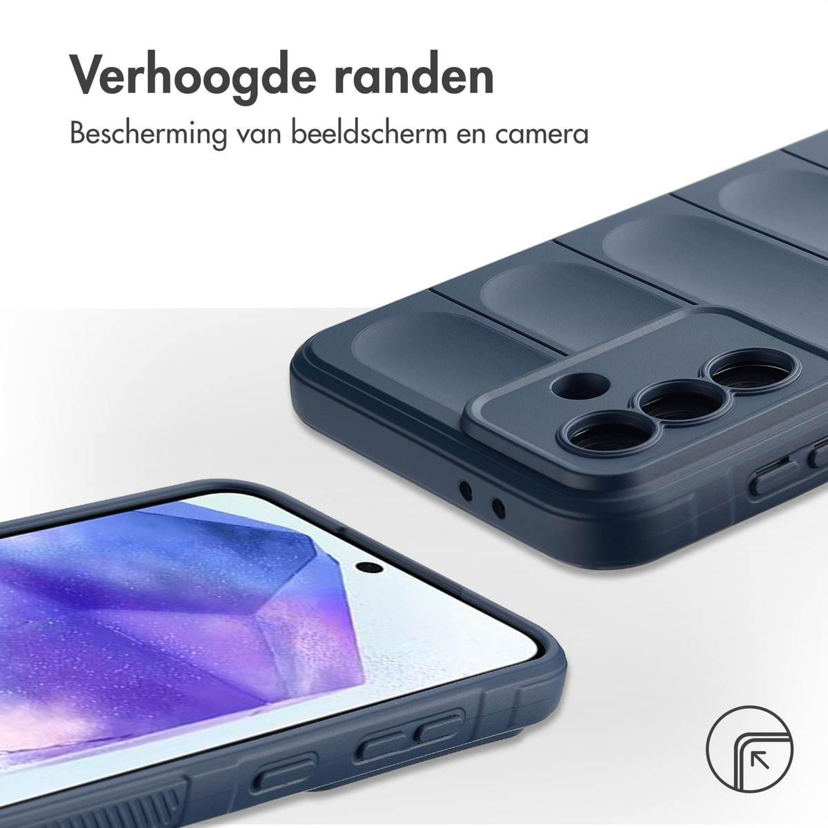 Donkerblauwe telefoonhoes met verhoogde randen, met het telefoonscherm en het beschermende ontwerp van de hoes.