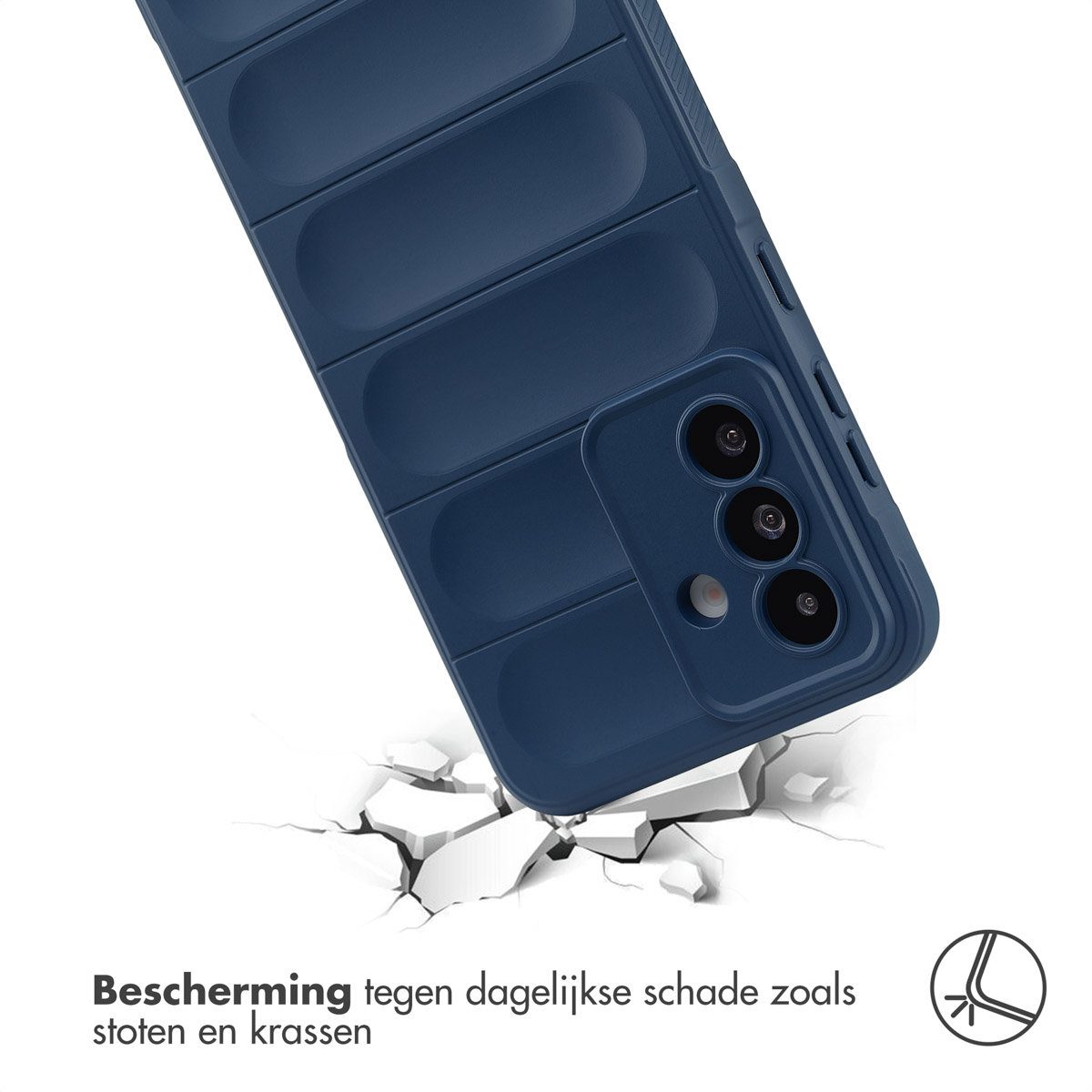 Blauwe telefoonhoes valt op wit oppervlak en barst. Tekst: Bescherming tegen dagelijkse schade.