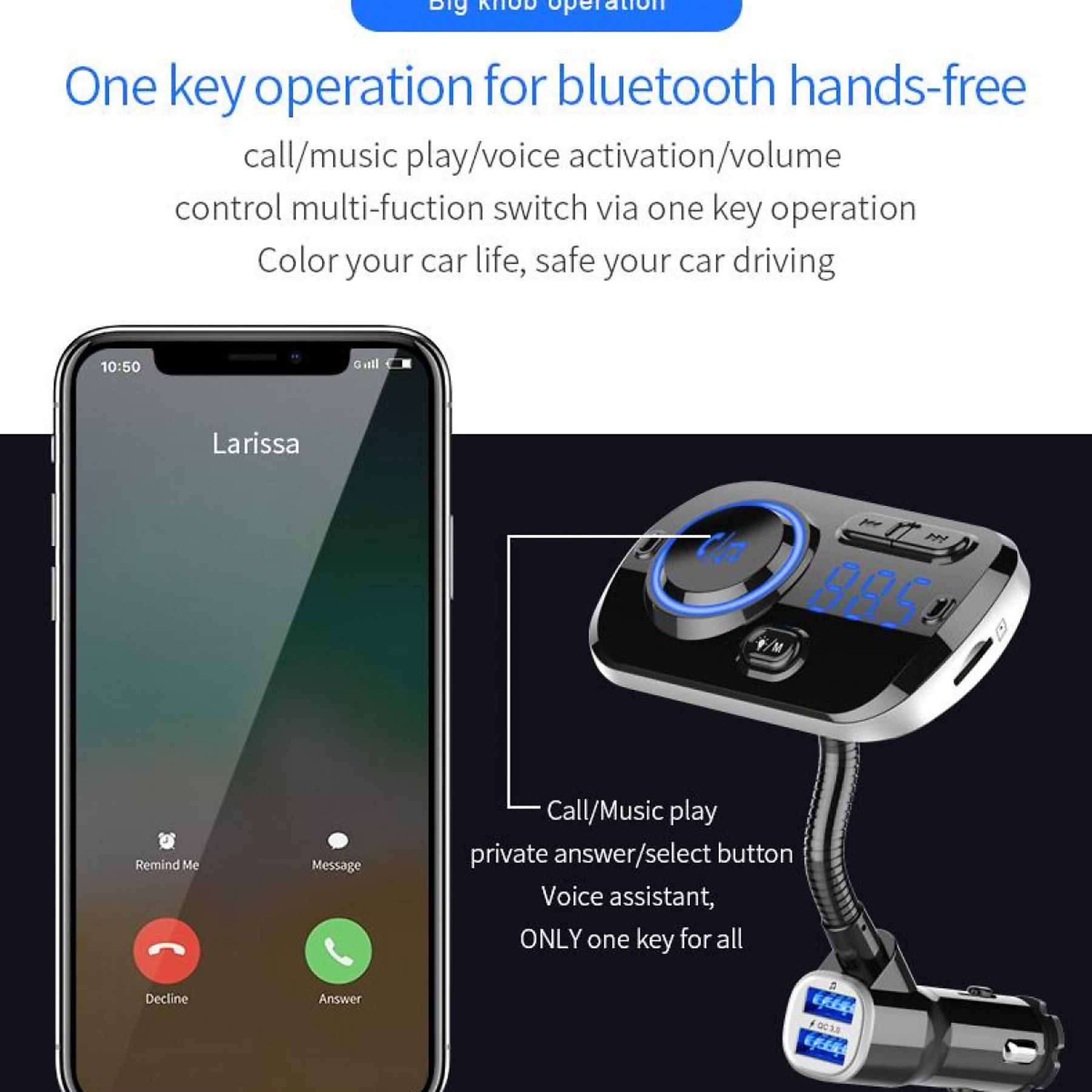 Telefon zeigt Anruf von Larissa mit Ablehnen- und Annehmen-Buttons, sowie ein Autogerät.