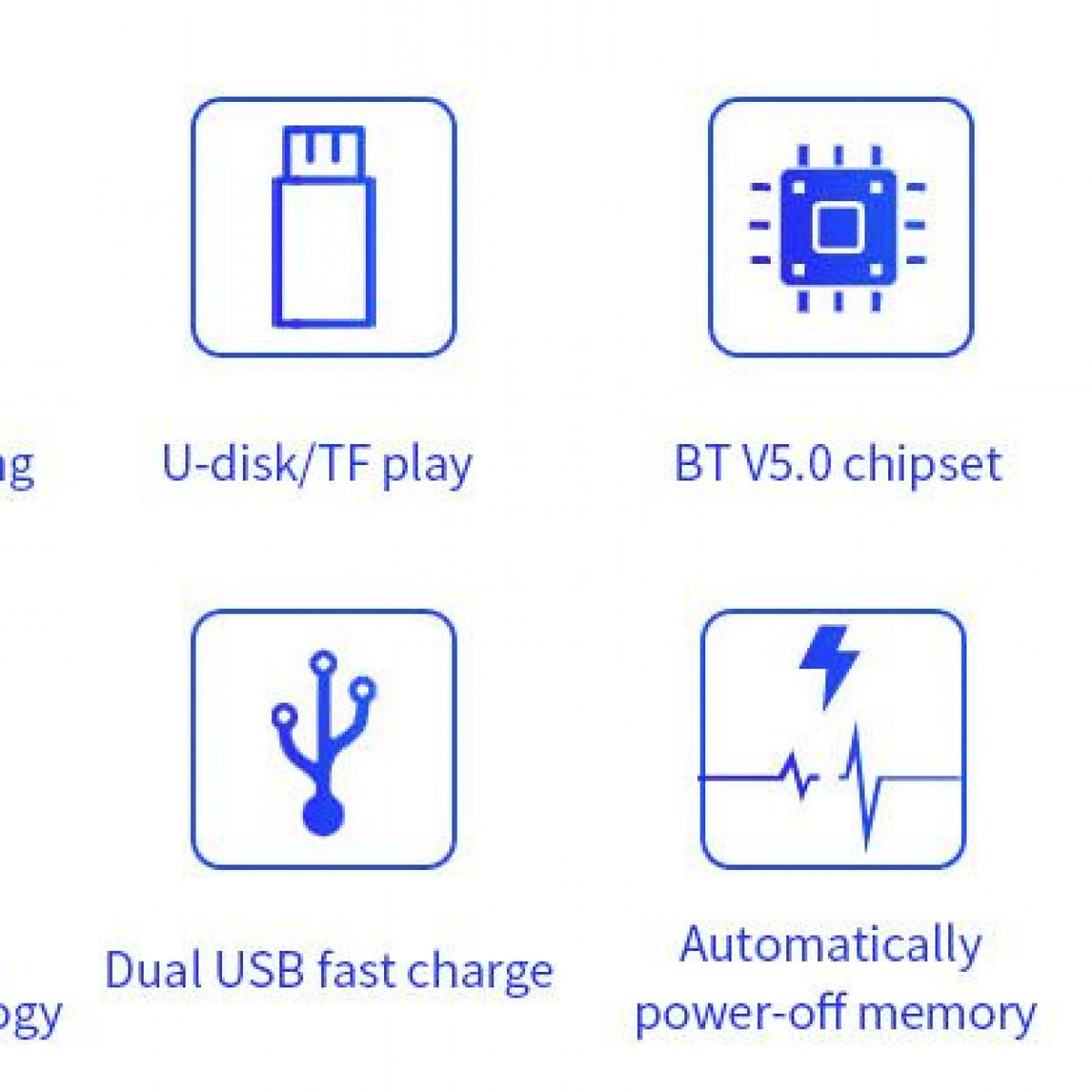 Symbole für U-Disk-Wiedergabe, BT V5.0-Chipsatz, Dual-USB-Schnellladung und automatische Abschaltung.