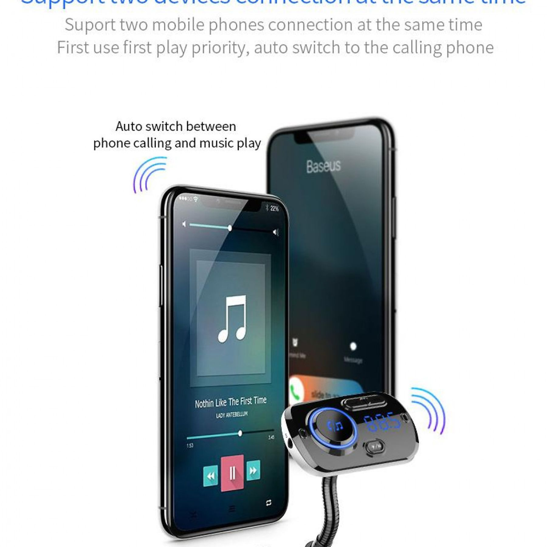 Zwei Telefone und ein schwarzes Gerät. Ein Telefon zeigt eine Musik-App an. Das Gerät hat einen Bildschirm und USB.