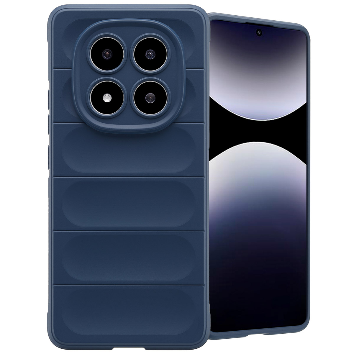 Marineblauwe telefoonhoes met een textuurontwerp, schuin om alle kanten te laten zien.