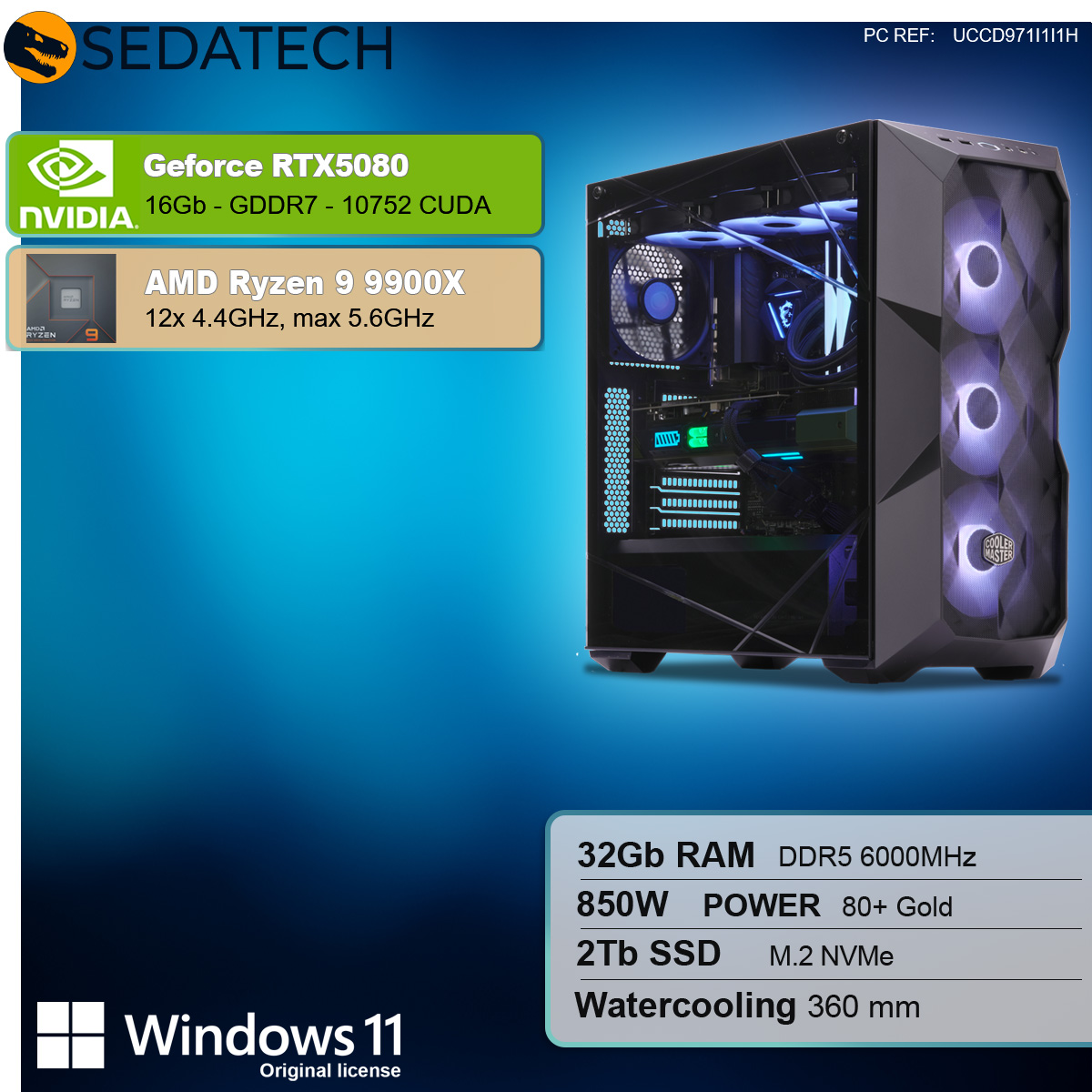 Komputer stacjonarny ze specyfikacjami: RTX 5080, AMD Ryzen 9 9900X, 32GB RAM, 2TB SSD, Windows 11.