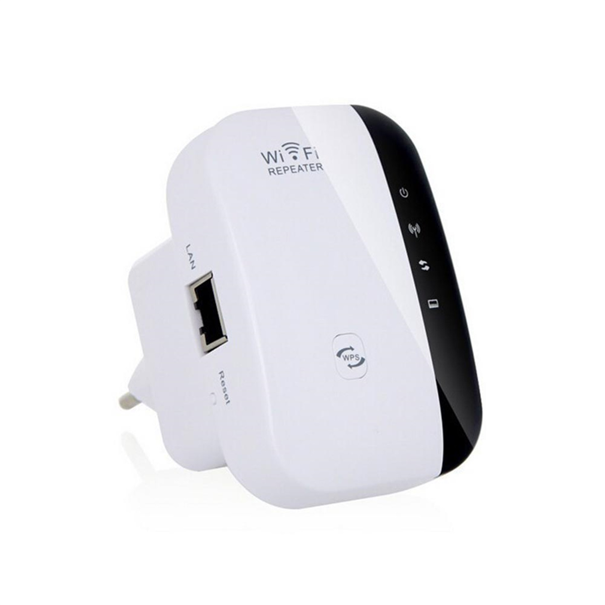 Weißer WLAN-Repeater. Hat LAN-Anschluss und Netzstecker. Schwarze Akzente und Tasten.