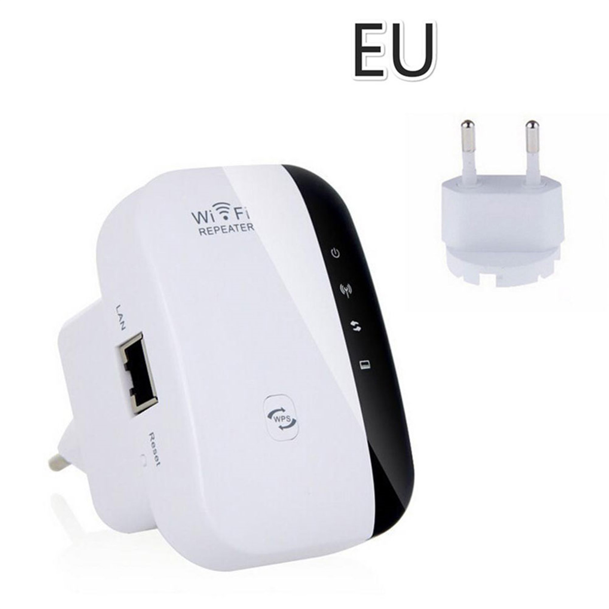 Weißer WLAN-Repeater mit schwarzen Akzenten, EU-Stecker und EU-Steckeradapter.