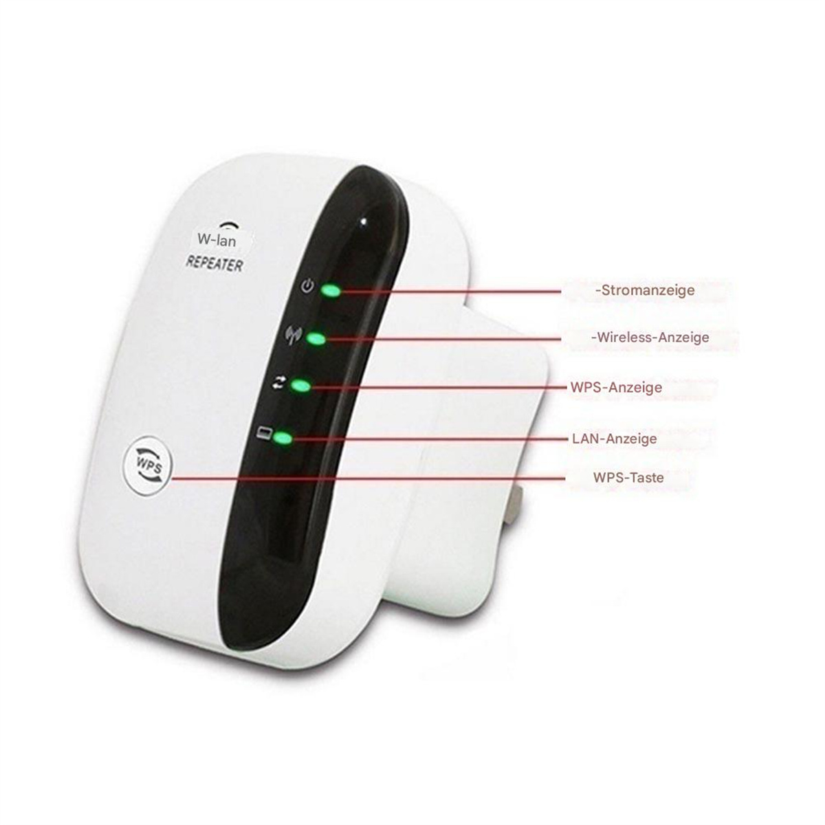 Weißer WLAN-Repeater mit schwarzen Akzenten, Kontrollleuchten und einer WPS-Taste auf weißem Untergrund.