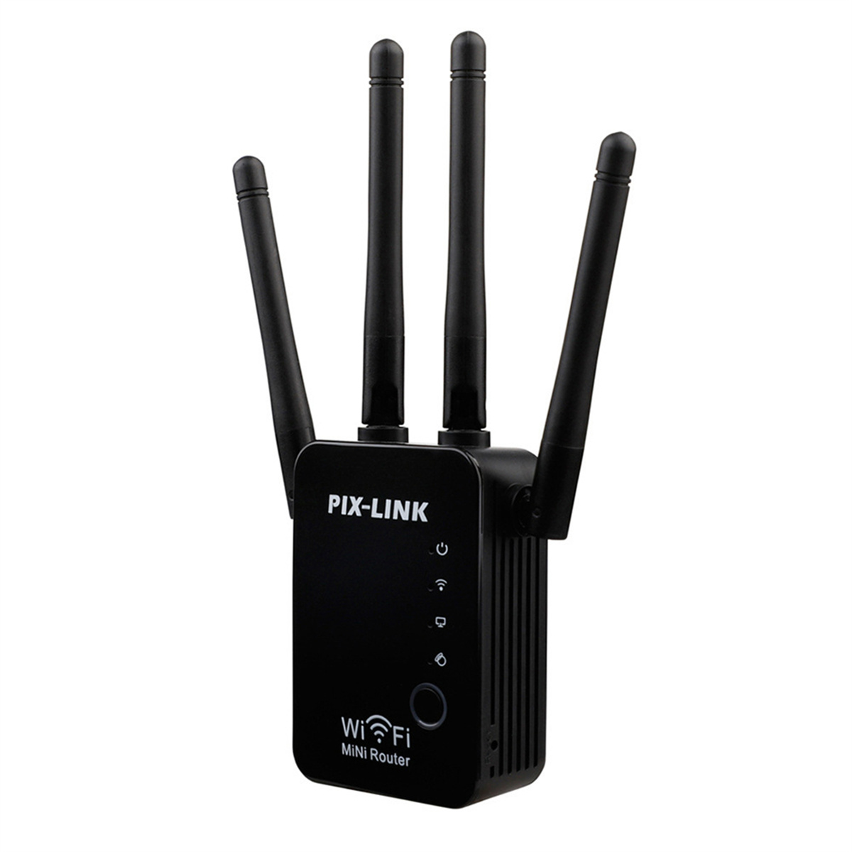 Schwarzer WiFi Mini Router mit Antennen. Weißer Hintergrund.