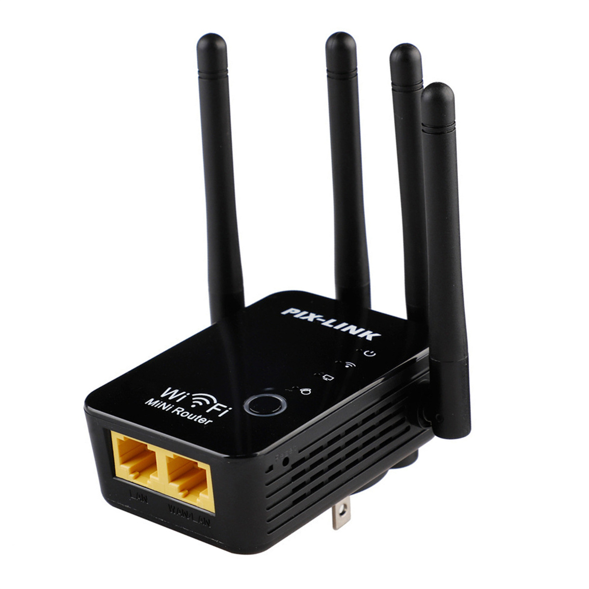 Schwarzer WiFi-Mini-Router mit Antennen und Anschlüssen, auf weißem Grund.