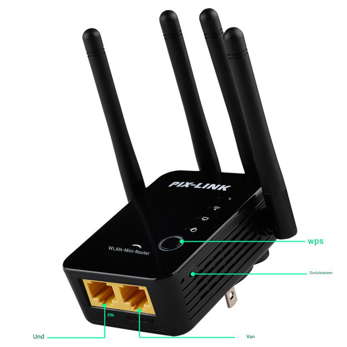 Ein schwarzer PIX-LINK WLAN-Mini-Router mit 3 Antennen und beschrifteten Anschlüssen.