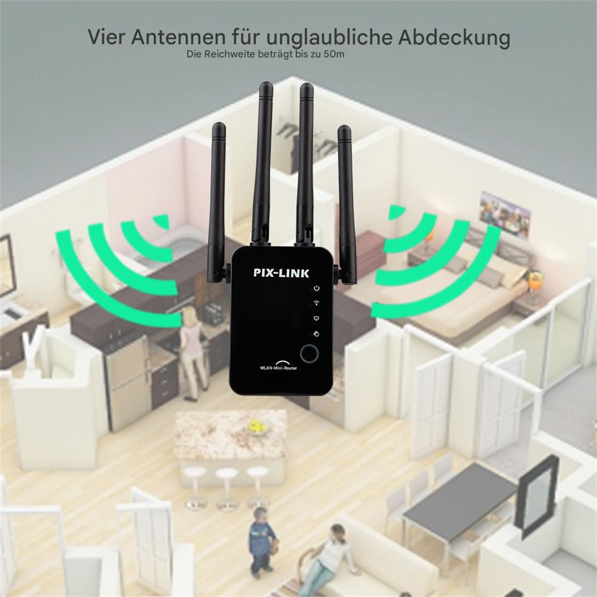 Ein schwarzer WLAN-Repeater mit Antennen. Zeigt die WLAN-Abdeckung in einem Haus.