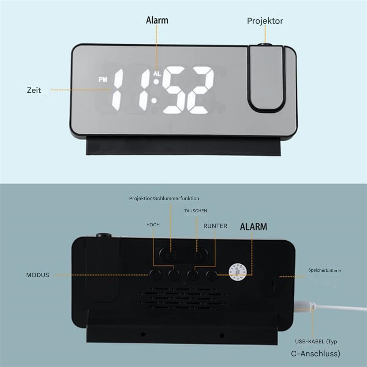 Digitaluhr, Vorder- und Rückansicht. Zeigt Zeit- und Alarmeinstellungen mit Beschriftungen.