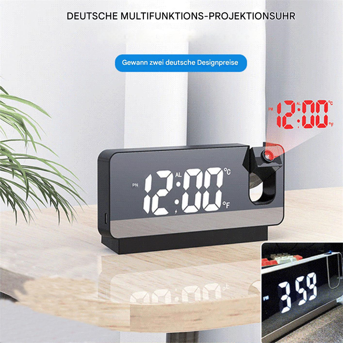 Schwarze Digitaluhr mit weißen Ziffern, zeigt 12:00 und die Temperatur an.