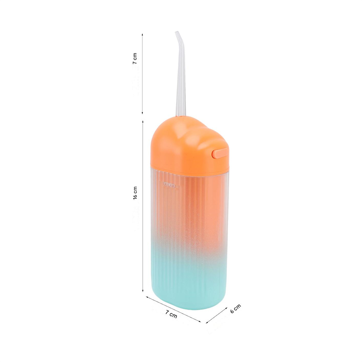 Ein orangeroter und blauer Munddusche. Sie hat eine schlanke, transparente Düse. Abmessungen sind angegeben.
