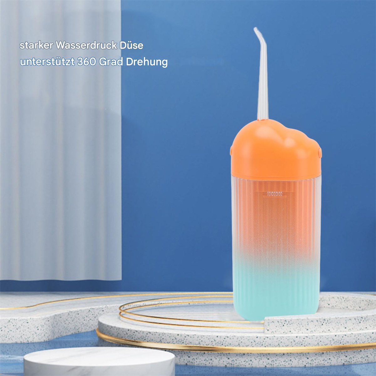 Munddusche mit orange und blauen Farben, mit deutschem Text beschriftet und weißem Hintergrund.